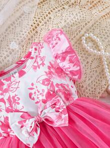 Baby Girls' Cute Ruffled Sleeve Bowknot Mesh Overlay Dress, Summer - Pink - View 5