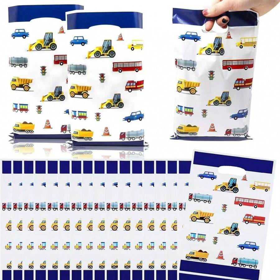 20/50 Sacola de presente para carro, caminhão, trem, caminhão, padrão de transporte, azul e branco, sacola plástica com alça, aniversário, casamento, festa, festival, dia das mães, dia da independência, ação de graças, embalagem para presente