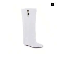 Padlock Detail Fold Over Wedge Knee High Boots - White - View 2