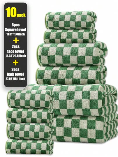 10 件/套珊瑚绒棋盘格毛巾套装，包括浴巾（70*140cm）、面巾（34*75cm）和手巾（30*30cm），超柔软、吸水、快干，适用于浴室、泳池、居家和旅行，成人和男女通用，夏季、假日居家浴室装饰
