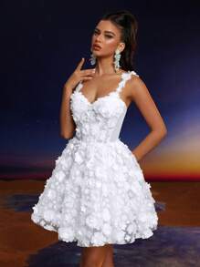 Anymoon Elegant Solid Color Applique Spaghetti Strap Cocktail Party Dress, Prom Dress, For Valentine's Day - White - View 8