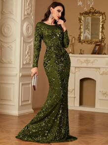 hezixi Plus Size Women's Spring/Summer High-Quality Elastic Sequin , Very Comfortable To Wear, Suitable For Different Body Wear, Formal, Party Dress, Gown, For Evening, Wedding Guest - Olive Green - View 2