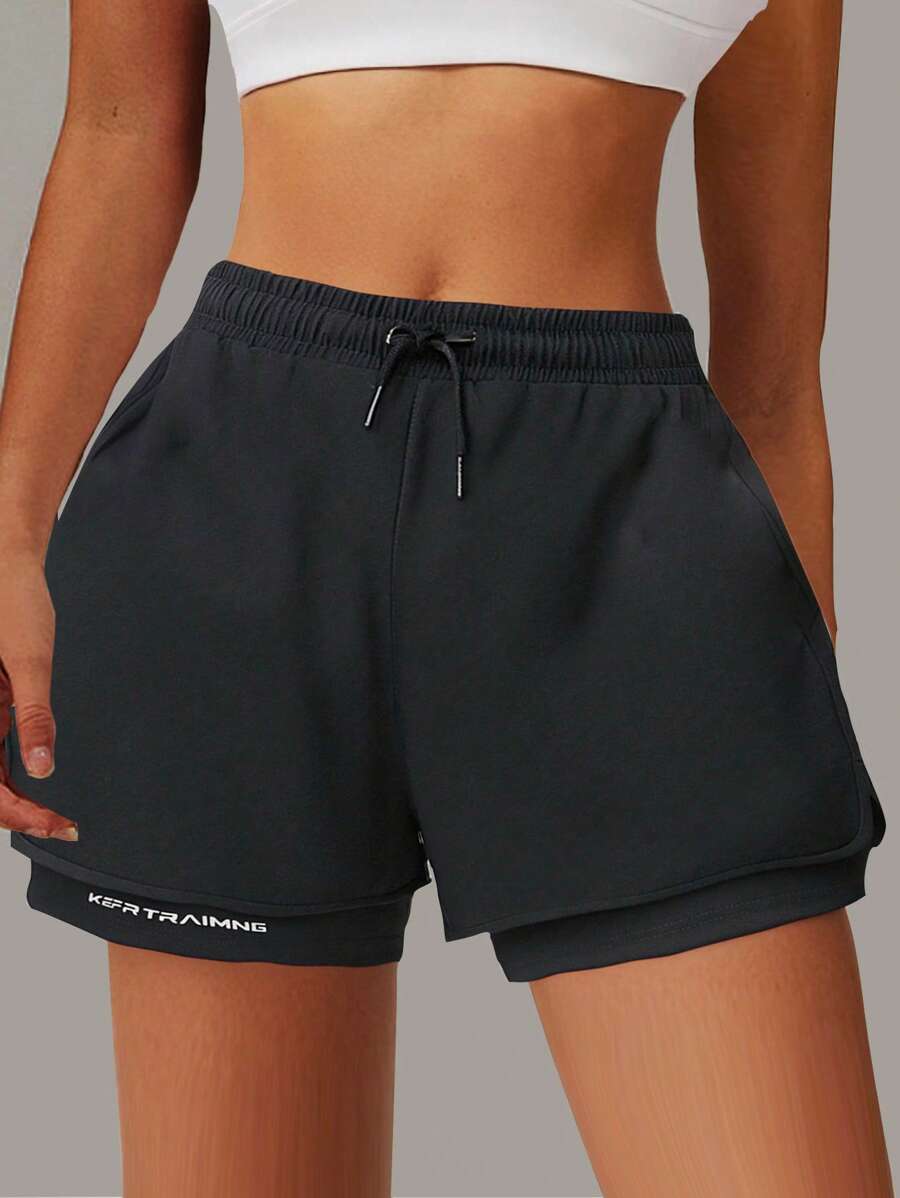 2025 年夏季新款女士运动短裤，带衬里防暴露设计和口袋，休闲户外运动服 - 黑色 - 查看 1