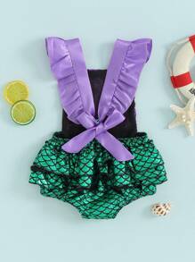 Pelele de sirena con lentejuelas para niña recién nacida, mono sin espalda con volantes y sin mangas, conjuntos encantadores - Verde - Ver 4