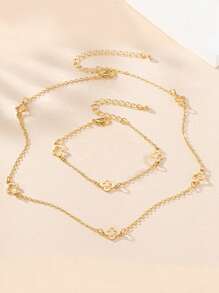 2pcs Metal Minimalist Hollow Clover Long Necklace And Bracelet Jewelry Set, Fashionable Accessory Gift For Friends And Girlfriend, Suitable For Daily Wear, Party, Holiday - Gold - View 22