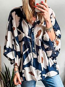 Boho Retro Vintage  90's Khaki Beige Apricot Ruffle V Neck Half Sleeve Loose Top Shirt Blouse - 帆藍 - 查看 1