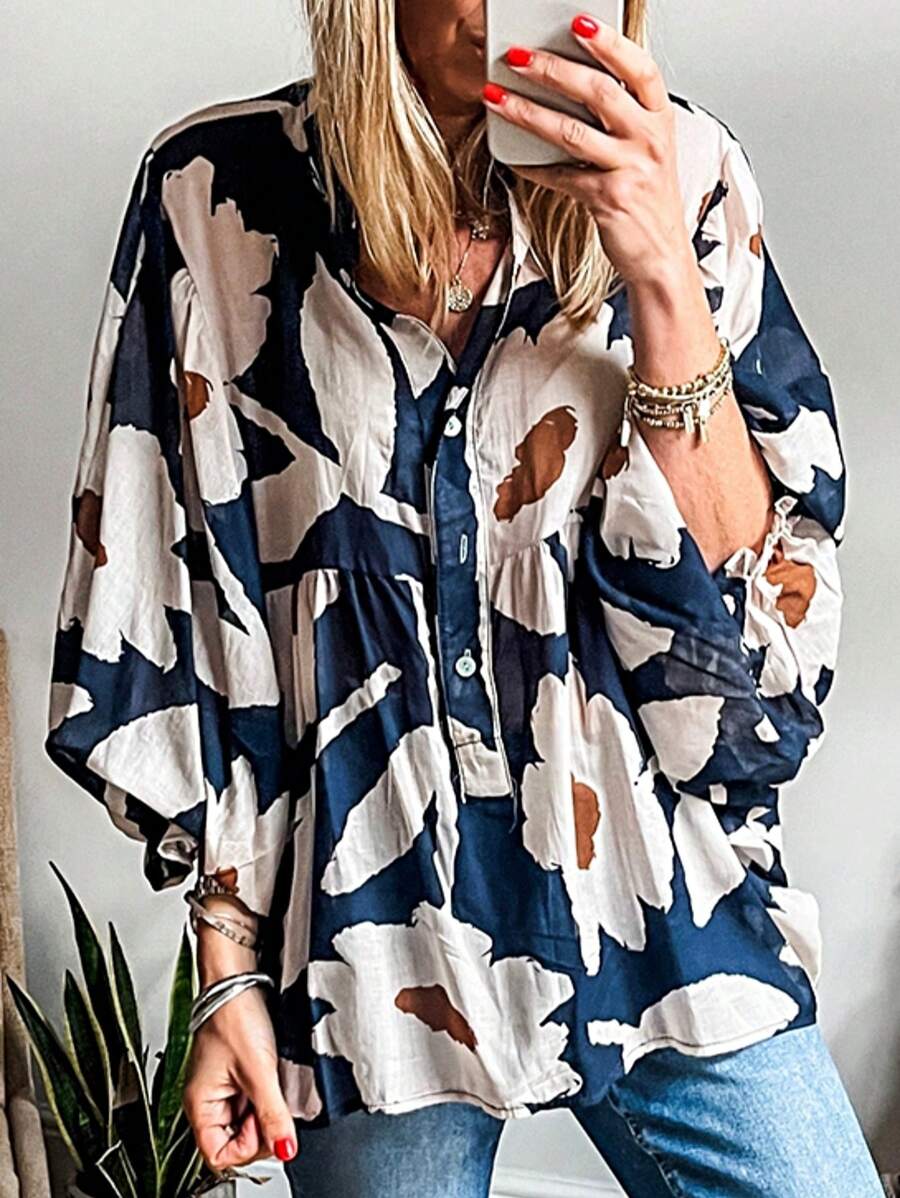 Boho Retro Vintage 90's Khaki Beige Apricot Ruffle V Neck Half Sleeve Loose Top Shirt Blouse - 帆藍 - 查看 1