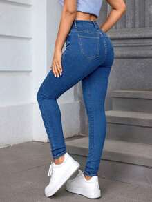 Jeans de mujer de cintura alta elásticos, tela mezcla de poliéster, corte relajado, cintura elástica, cierre de cremallera - Azul Marino - Ver 2