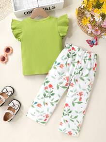 Conjunto de 2 piezas para niña: Top con mangas tipo gorra y adorno de lazos y pantalones largos con estampado floral, para verano