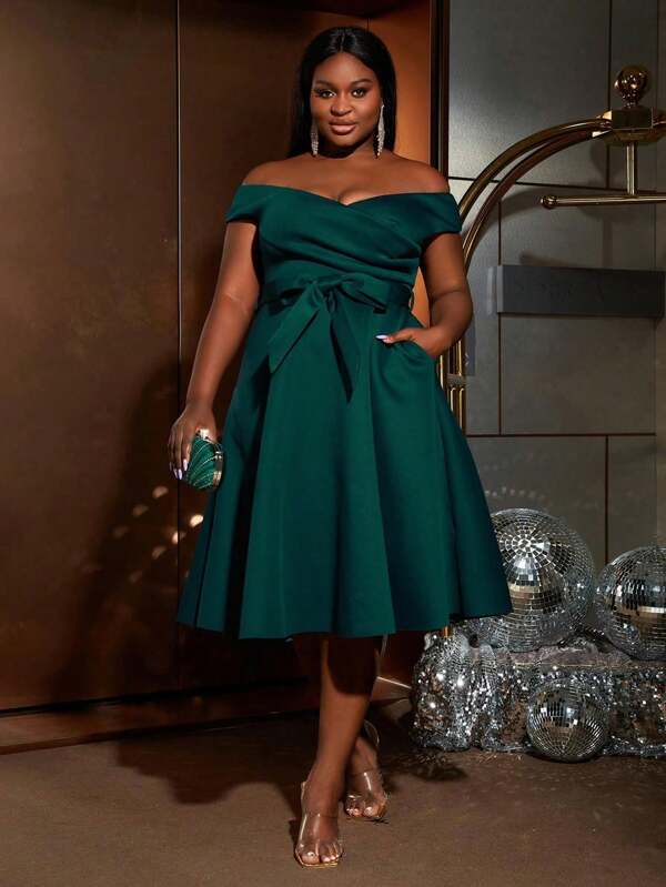 Plus Size Elegant Off-Shoulder Party Dress With Waist Belt - Formal Evening Gown For Women