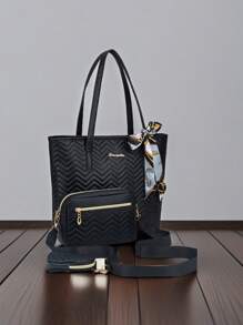 3pcs Set Quilted Wave Pattern Large Capacity Tote Bag With Matching Shoulder Crossbody Camera Bag And Coin Purse, Classic Color Block - Multicolor - View 2