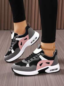 Plus Size Air Cushion Lightweight Casual Women Shoes, Black Patchwork Sports Shoes For Women Women's Platform Thick Bottom Sports Shoes Women's Wedge Sneakers Thick Sole Increase Height Women Sports Shoes Increase Height Men Shoes Men's Thick Sole Shoes Lace-Up Simple Couple Leisure Travel Shoes, Men's Sports Shoes - Black - View 2