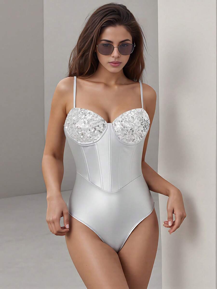 Women's Slim Sleeveless Bodysuit Sparkly Sequin Spaghetti Strap Triangle Romper Leotard Tops - 銀色 - 查看 1