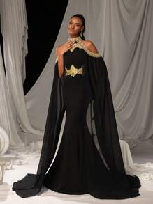 复古浪漫美人鱼礼服，金色蕾丝刺绣和戏剧性雪纺斗篷袖 | 适合黑色领带活动、戛纳电影节红地毯或皇家庆典派对的优雅礼服 - 黑色 - 查看 7