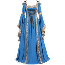 European And American Medieval Retro Hooded Square Neck Solid Color Lace Trumpet Sleeve Large Swing Dress Halloween, Party Dress