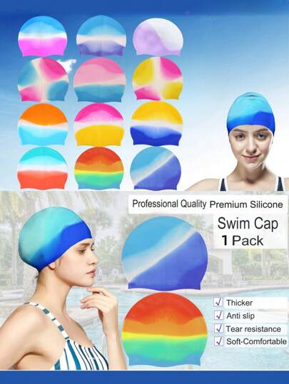 2025 New 7.48"*8.66" Silicone Colorful Waterproof Non-Chafing Sports Swim Cap, Suitable For Men And Women With Long Or Short Hair, Easy To Wear And Remove, Keeps Hair Dry For Swimming And Bathing, Beach Essentials, Beach Accessories, Pool Float