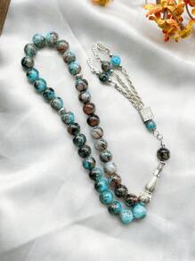 1pc 33 Beads Patterned Round Bead & Square Decor Bracelet, Classic Fashion, Cool Touch, Suitable For Men's Daily Wear TASBIH - Baby Blue - View 2