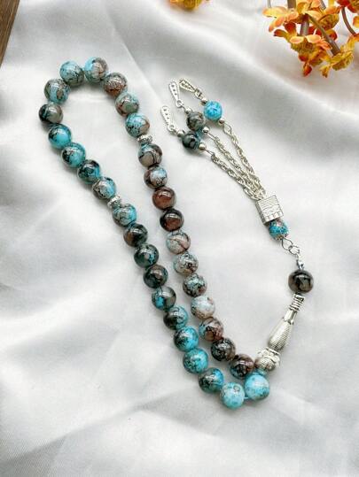 1pc 33 Beads Glass Beaded Bracelet With Square Decor, Classic & Fashionable, Suitable For Men's Daily Wear TASBIH