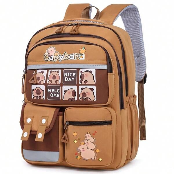 Mochila Infantil de Grande Capacidade e Simples, Impressão de Capivara, Múltiplos Bolsos Laterais, Tecido Impermeável, Alça Larga, Segurança Reflexiva, Fivela Peito Anti-Escorregamento, Redução de Carga, Mochila Escolar Que Protege a Coluna
