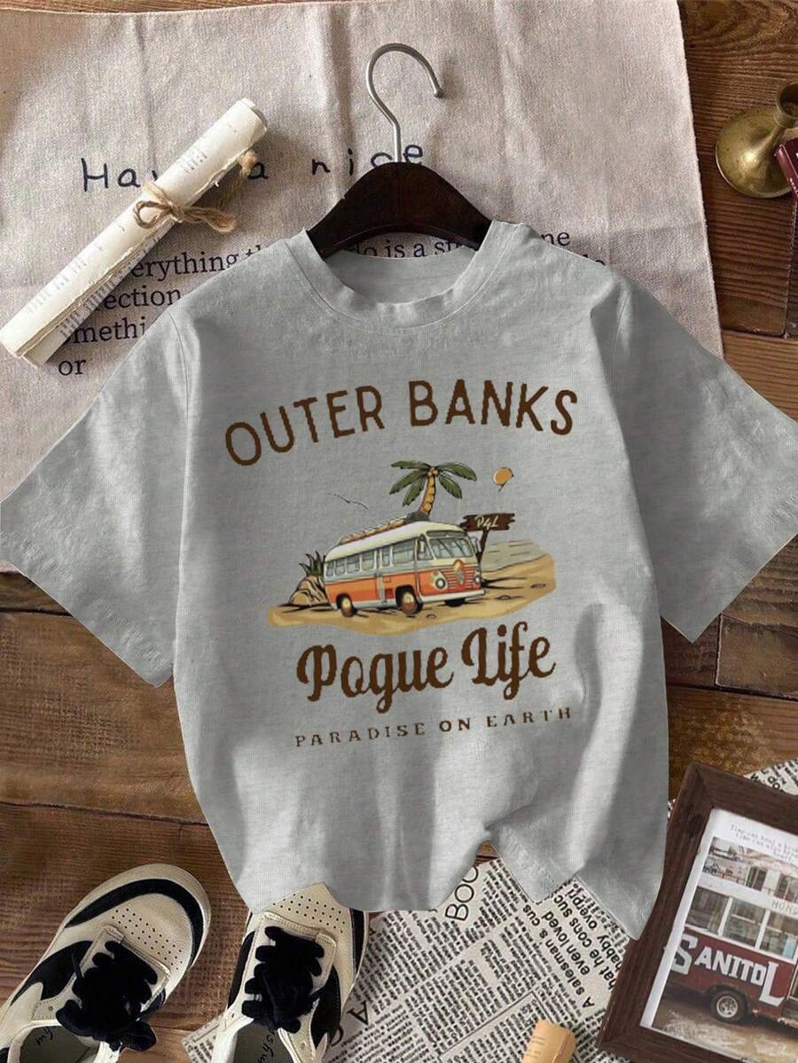 女士度假休闲印花圆领短袖 T 恤 - 灰色 - 查看 1