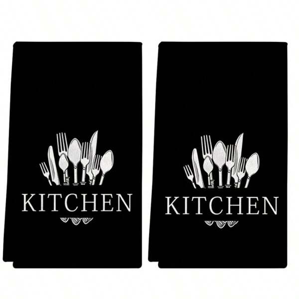 2pcs Simple Black & White Dishcloth, Minimalist Spoon & Fork Pattern Kitchen Towel, Holiday Decorative Hand Towel, Soft Absorbent Drying Cloth, Tea Towel, For Kitchen Decor, Dining Table Decor, Kitchen Supplies, Home Decor, Home Towel Set