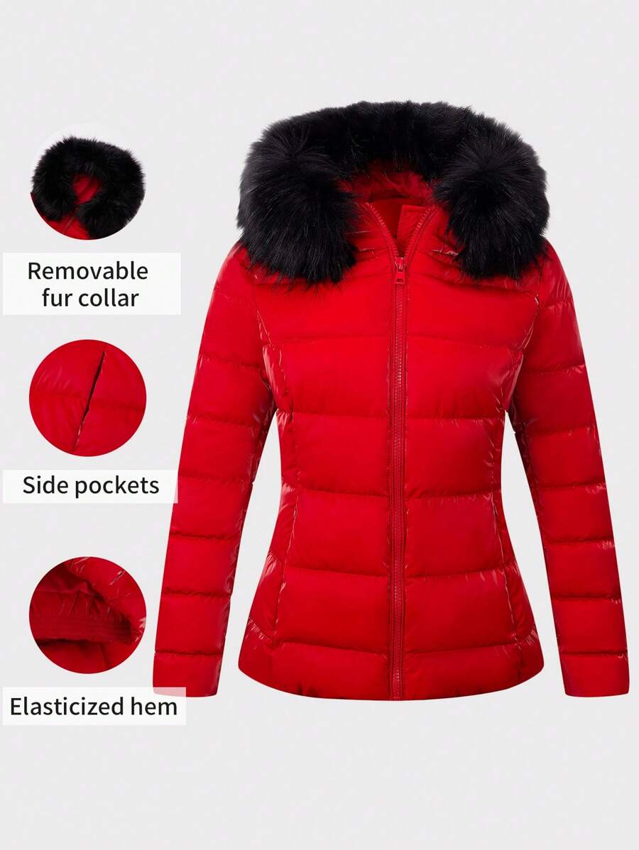Womens Lightweight Jacket, Winter Coats For Women Warm Quilted Bubble Padded Hood Coat With Faux Fur Collar - 紅色 - 查看 1