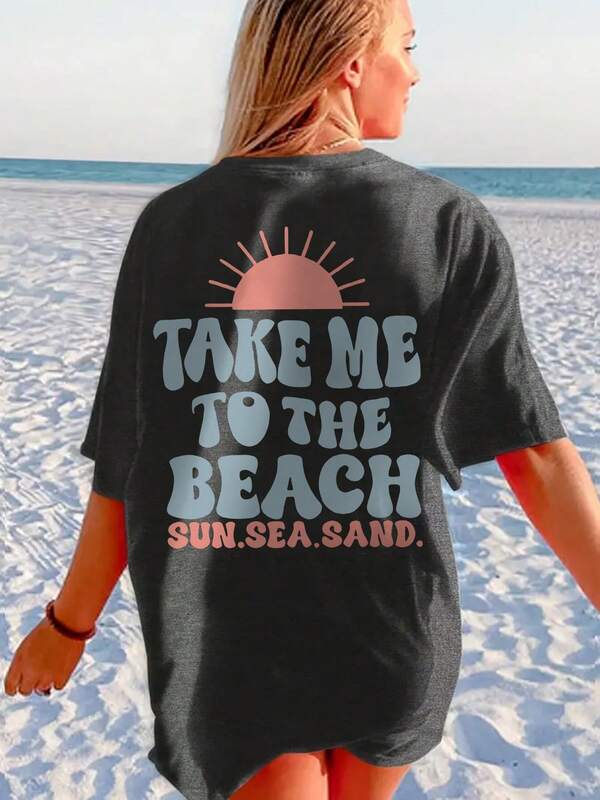 Women's T-Shirts Sunrise Pattern Take Me To The Beach Letter Printing Girl Clothing Fashion Beach Shirt Vintage Summer T-Shirt Ocean-Inspired Style Beach Vacation Oversized T-Shirt Graphic Tees Women Tops