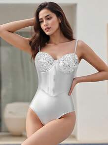 Women's Slim Sleeveless Bodysuit Sparkly Sequin Spaghetti Strap Triangle Romper Leotard Tops - 銀色 - 查看 3