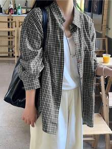 复古美式宽松格子衬衫，女士休闲复古风上衣，适合春夏穿着，黑色 - 黑色 - 查看 5