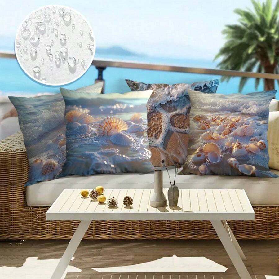 4pcs, Outdoor Twill Waterproof PillowcaseCoastal Ocean Theme Pillowcases - Beach Seashell And Coral