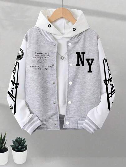 1pc Boys & Teens Casual Workout Vintage Solid Color Fleece Hooded Varsity Jacket With Printed Decor, Spring/Autumn/Winter