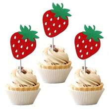 10 件/套草莓蛋糕装饰纸杯蛋糕装饰红色闪光水果主题浆果草莓纸杯蛋糕签，派对、圣诞节的夏季甜点装饰 - 彩色 - 查看 5