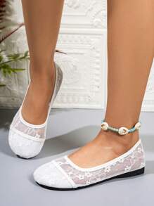 透气女士时尚平底鞋，带花卉刺绣 - 休闲系带玛丽珍鞋，纯色百搭且舒适，适合所有季节 - 白色 - 查看 4