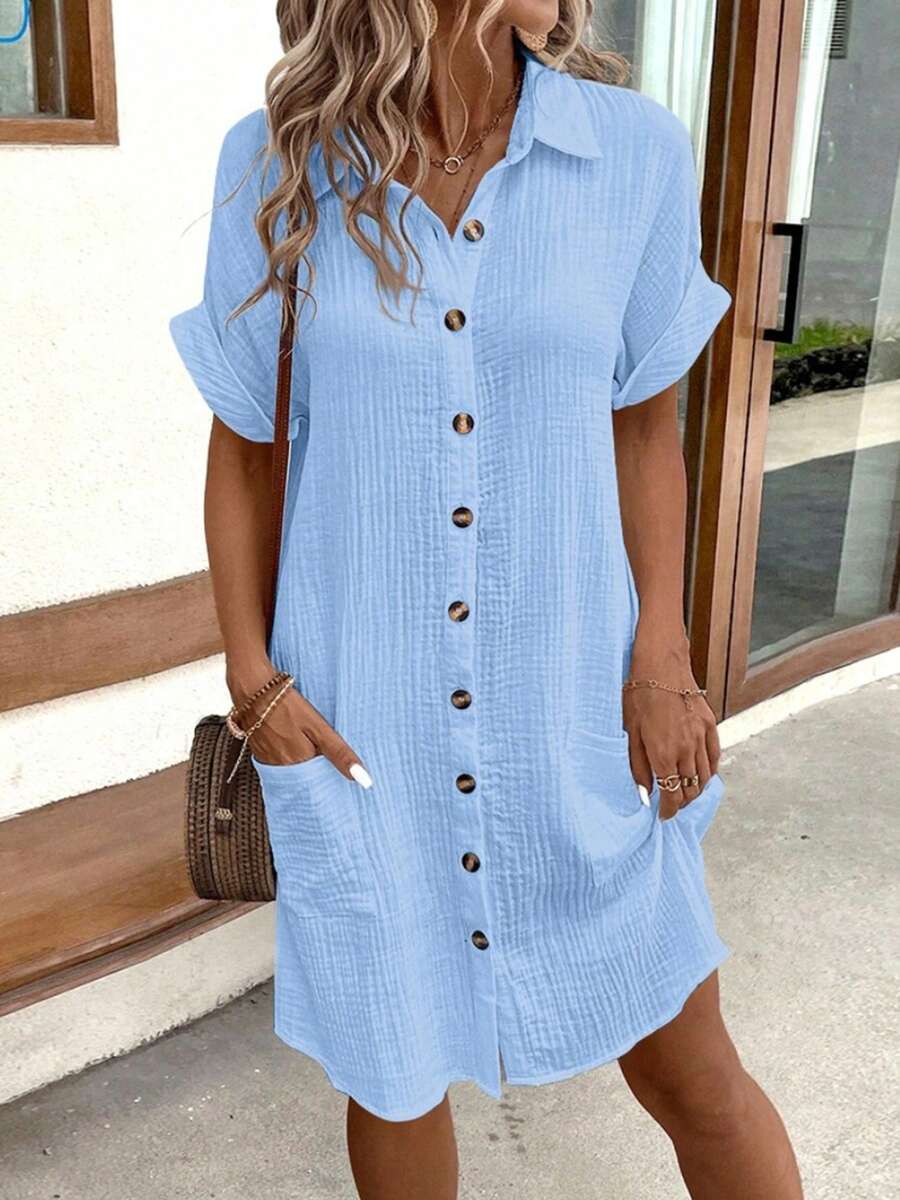 Women's Summer Mini Dress Short Sleeve Lapel Collar Button Down Shirt Dresses With Pockets - 藍色 - 查看 1