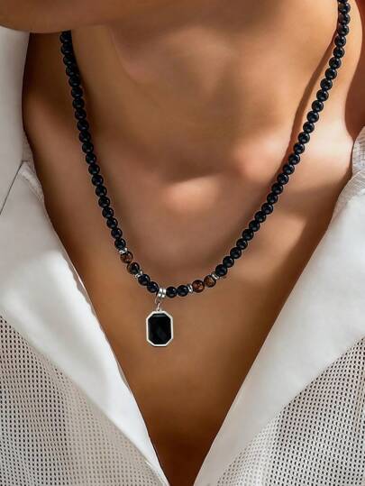 1pc Men's Tiger Eye Beaded Square Mosaic Pendant Necklace, Suitable For Daily Wear