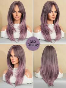 NICKY WALL Ombre Pink-Purple Wigs Long Straight Layered Wig With Curtain Bangs Soft Natural Looking High Density Wig Synthetic Heat Resistant Fiber Wigs For Women & Girls Daily Party Four Seasons Use