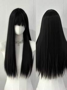 韩国合成黑色 26 英寸长直发假发 合成自然长直发带刘海假发 - 黑色 - 查看 6