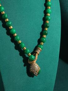18K Gold Plated Vintage Copper Green & Blue Snake Shape Beaded Necklace & Earrings Jewelry Set With Rhinestone And Glass Beads