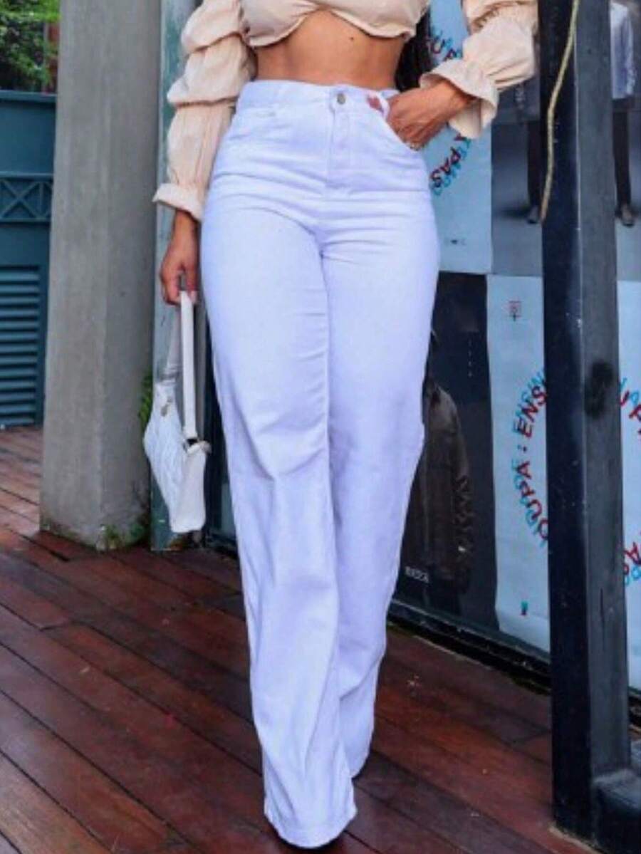 Pantalones de mezclilla de alta elasticidad para mujer con pierna ancha, color sólido, para todas las estaciones, con bolsillos, tejido básico - Blanco - Ver 1