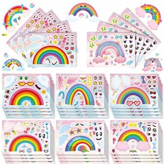 8/16/24/32 hojas Hacer pegatinas de caras para niños, 8 diseños diferentes de arcoíris de dibujos animados, helado Pegatinas para niños Suministros para fiestas de cumpleaños, manualidades, regalos de calcetines navideños, regalos de fiesta