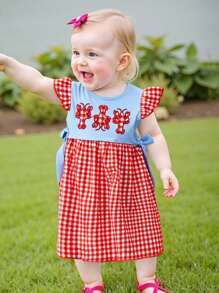 Girls Summer Plaid Dress Flying Sleeve Round Neck Lobster Embroidery A-Line Beach Dresses