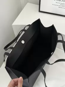 大容量时尚字母印花手提包，纯色简约休闲斜挎包，女士手提包单肩包钱包，时尚商务休闲办公工作包 - 黑色 - 查看 8