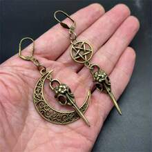 1Pair Vintage Crescent Moon & Pentagram Esoteric Symbols Earrings, Gothic Raven Crow Skull Head Design Dangle Earrings Retro Punk Style Witchy Jewelry Gift Halloween Club Accessories