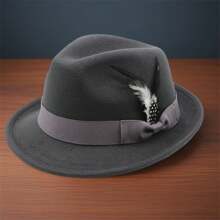 Feather Hats Vintage Short Brim Felt Fedora Hats For Women Men Jazz Hats - Màu xám đen - Xem 3