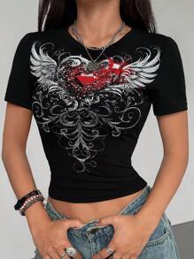 Camiseta de cuello redondo con alas rojas en 3D y diamantes estereoscópicos, estilo gótico para damas - Negro - Ver 5