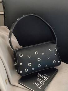 复古摩托车风格软皮铆钉手提包，百搭镂空铆钉手提包