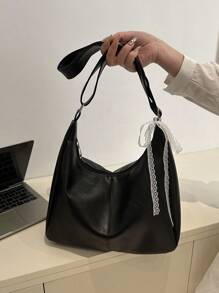 高品质时尚简约包包，女士包，休闲单肩包，大容量腋下包，复古多功能斜挎包 - 纯色，黑色，斜挎包，适合多种场合，拉链封口，涤纶内衬，无包边 - 黑色 - 查看 3