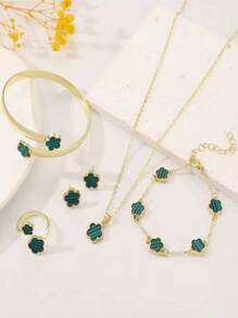 6 件/套女孩时尚首饰套装，带有幸运四叶草设计 - 项链、手链、手镯、戒指、耳环，是女孩的完美配饰 - 彩色 - 查看 11