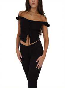 Womens Tank Tops Solid Color Sleeveless Sling Design Front Button Tie Cardigan Tank Tops - Black - View 1
