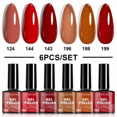  LIMEGIRL Jelly Brown Gel Nagellak Set, 6 Neutrale Kleuren, waaronder Dieprood, Bruin en Pompoen, Verwijderbaar, Vereist UV-lamp Uitharding, Geschikt voor Nagelsalons en Zelfmanicure thuis.